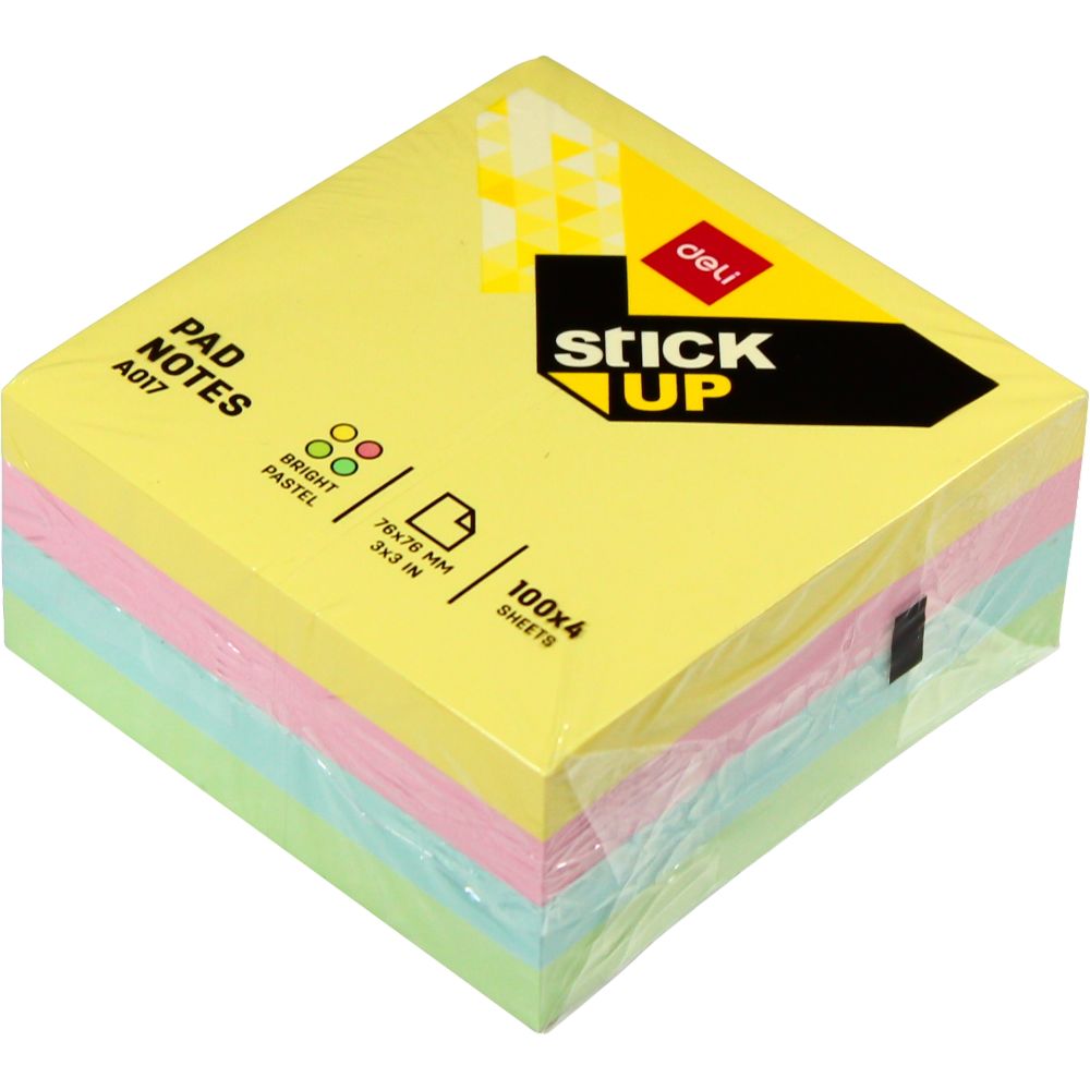Notite Adezive, Deli Stick Up, 76x76 mm, Diverse Culori Pastel, 400 Buc/Pachet, Notite Hartie cu Adeziv, Sticky Notite, Cuburi Hartie, Articole pentru Birou