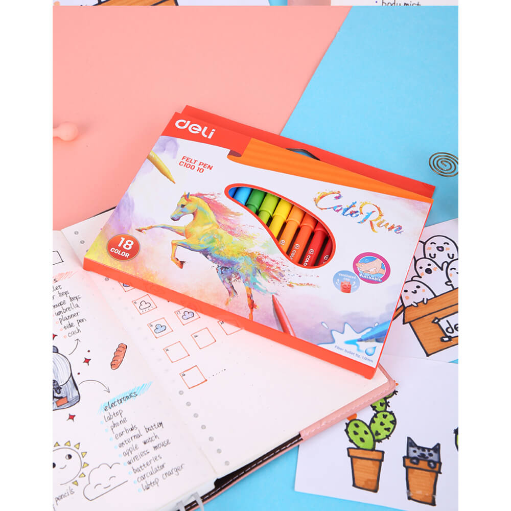 Set 18 Carioci Diverse Culori, Deli ColoRun, 1 mm Varf, Carioci Diverse Culori Deli,  Set de Carioci, Rechizite Scolare, Carioci cu Varf Subtire, Carioci Diverse Culori, Carioci pentru Gradinita, Carioci pentru Copii, Carioci pentru Scoala