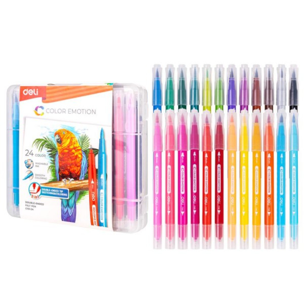 Set de 24 Carioci cu Varf Dublu Fin/Pensula, Deli Color Emotion, Culori Lavabile, Multicolore, Set de Carioci Multicolore Deli, Carioci Deli cu Varf Dublu, Set de 24 Carioci Deli, Carioci in Carcasa