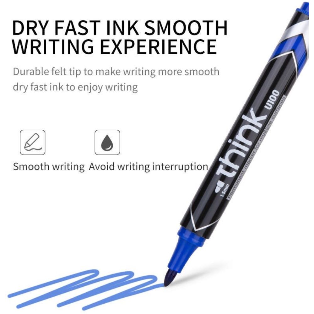 Marker Permanent Deli Think, Varf 1.5 mm, Albastru, Pentru Suprafete Multiple, 1 Buc, Cerneala Albastra pe Baza de Alcool, Markere Permanente cu Varf, Marker Permanent Albastru