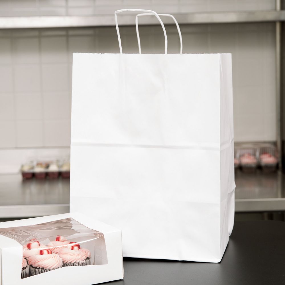 Set 100 de Sacose Albe din Hartie Reciclata cu Maner Rasucit, 260x120x350 mm, Hartie Kraft Albit 90 g