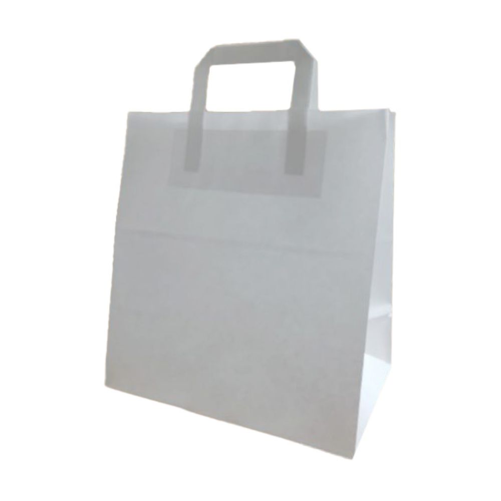 Set 100 de Sacose Albe cu Maner din Banda, 270x160x290 mm, Hartie Kraft Albit 80 g