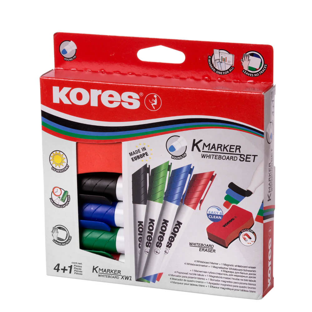 Set 4 Markere Whiteboard si Burete Magnetic Kores, Varf Rotund, 3 mm, 4 Culori, Burete Magnetic, Markere Whiteboard, Markere pentru Tabla Magnetica, Markere Tabla Magnetica, Markere Nepermanente, Markere Colorate, Markere pentru Scris