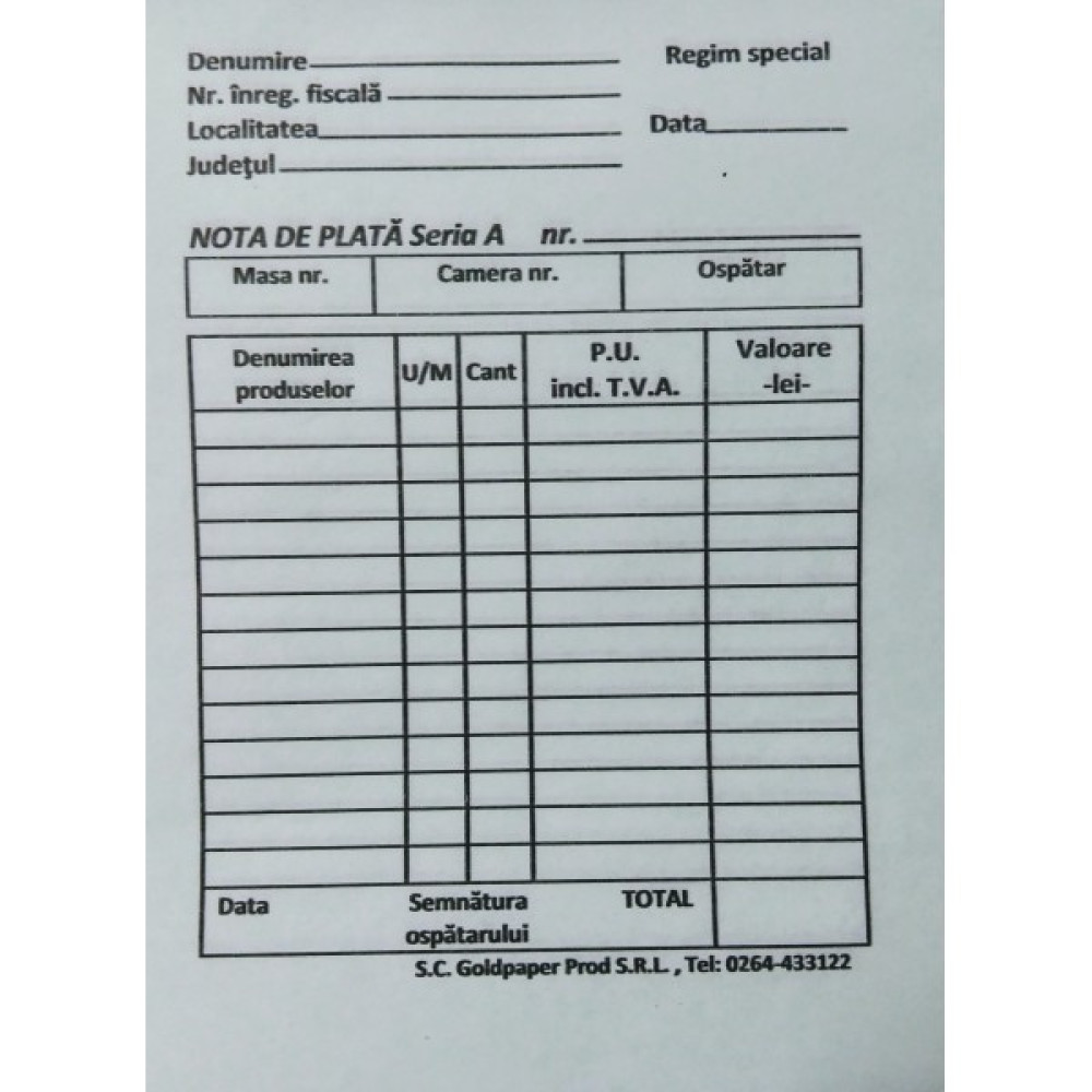 Nota Plata Autocopiativ 2 Exemplare