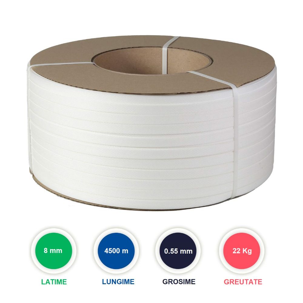 Banda de Legat PP Alba, 8mm x 4500m, Grosime 0.55 mm, Greutate Rola 22 Kg  - Banda Polipropilena pentru Ambalare si Paletizare, Banda pentru Ambalare Manuala Banda de Legat PP Alba, 8mm x 4500m, Grosime 0.55 mm, Greutate Rola 22 Kg  - Banda Polipropilena pentru Ambalare si Paletizare, Banda pentru Ambalare Manuala