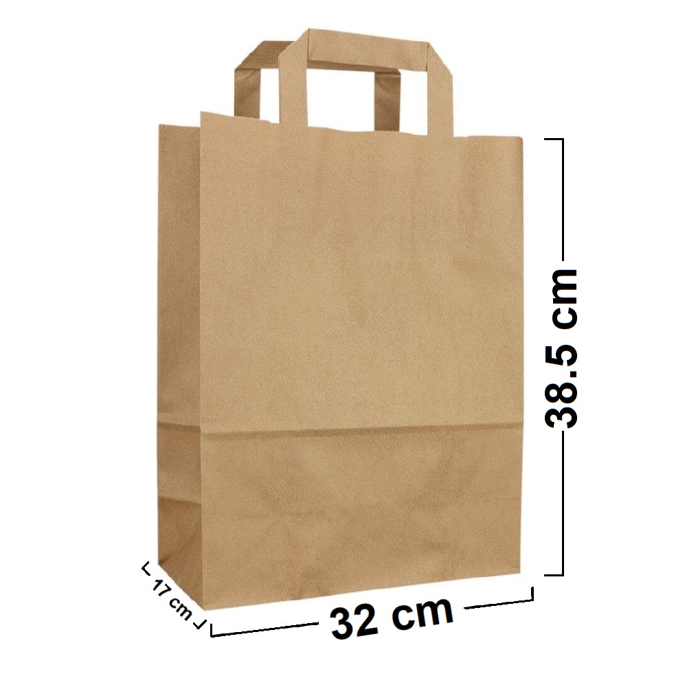 Sacose din Hartie Natur 32x17x38.5 cm, 250 Buc/Bax - Pungi si Plase cu Maner Flat