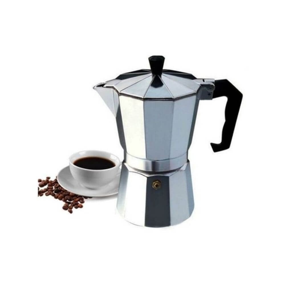 Espressor Aluminiu pentru 6 Cesti, Aringtiu/Negru, Espressor Aluminiu, Cafetiera Aluminiu, Espresor 6 Cafele, Espressor 6 Portii, Cafetiera Espressor, Cafetiera 6 Cesti, Cafetiera Moka, Oala Moka, Espressor Moka, Espressor Aragaz, Cafetiera Aragaz