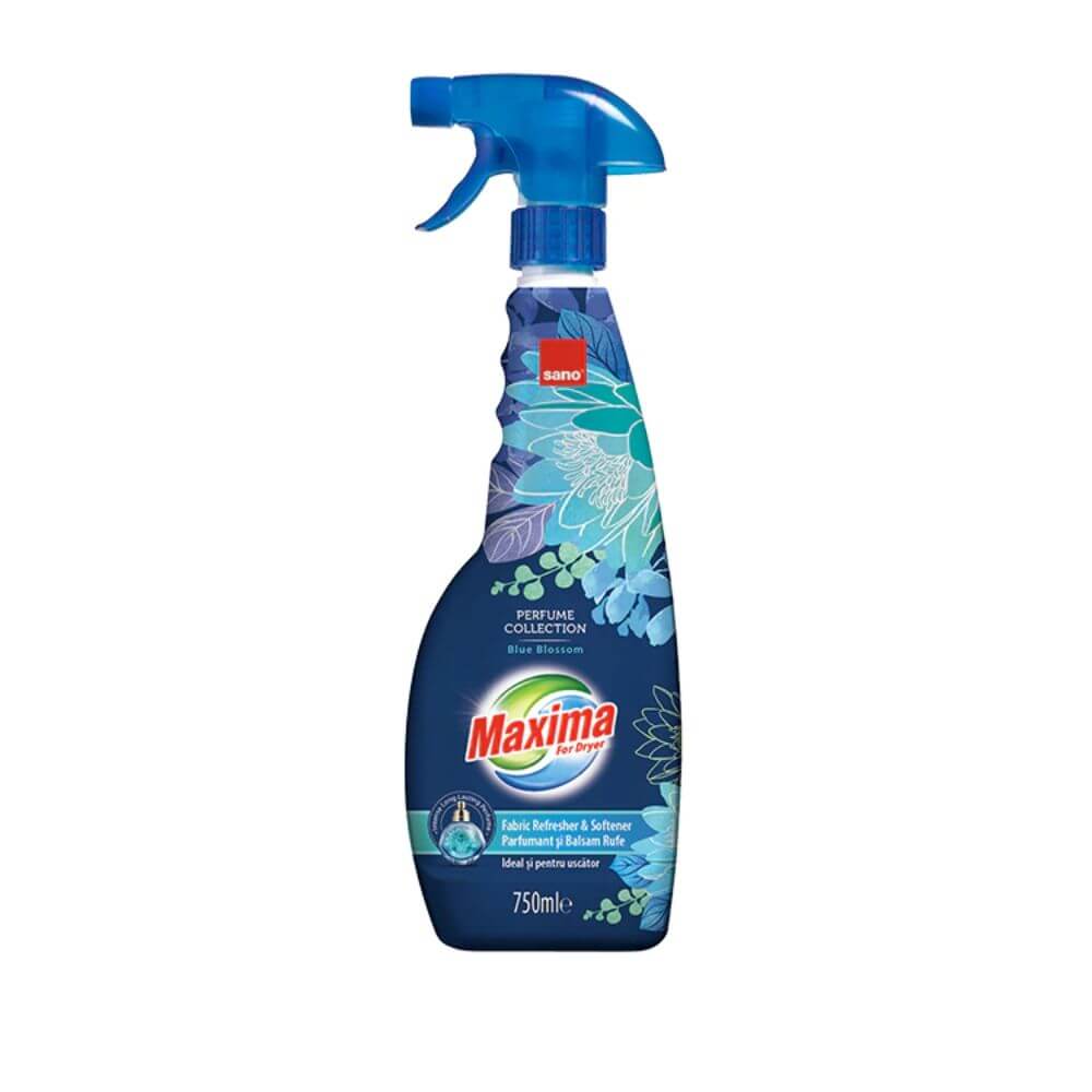 Balsam Rufe Uscate Sano Maxima Dryer Blue Blossom, 750 ml, Parfum Floral, Recipient cu Pulverizator, Balsam de Rufe Spray, Balsam Haine Uscate, Balsamuri de Rufe Umede/Uscate, Balsam pentru Tesaturi, Balsam de Rufe Parfumat