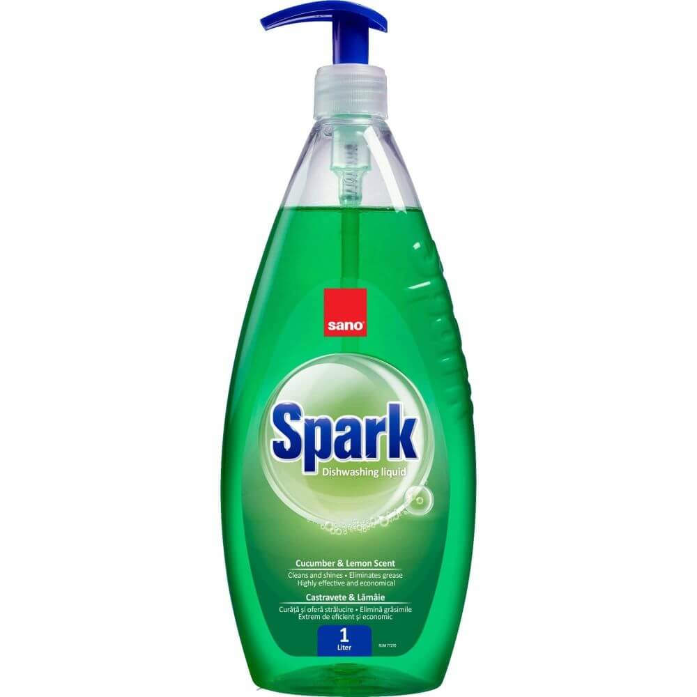 SANO Spark Detergent Lichid pentru Vase, 1 L, Castravete si Lamaie, Detergent Vase cu Pompita, Detergent Castravete Crud si Lamaie, Detergenti Lichizi pentru Vase, Detergent Bucatarie, Solutie de Curatat Sano