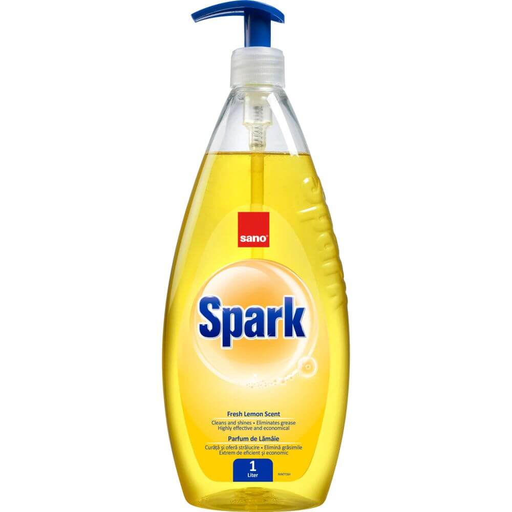 SANO Spark Detergent Lichid pentru Vase, 1 L, Lamaie, Detergent Vase cu Parfum Delicat de Lamaie, Sano Spark Lemon, Detergent Vase cu Pompita, Detergenti Lichizi pentru Vase, Detergent Bucatarie, Solutie de Curatat Sano