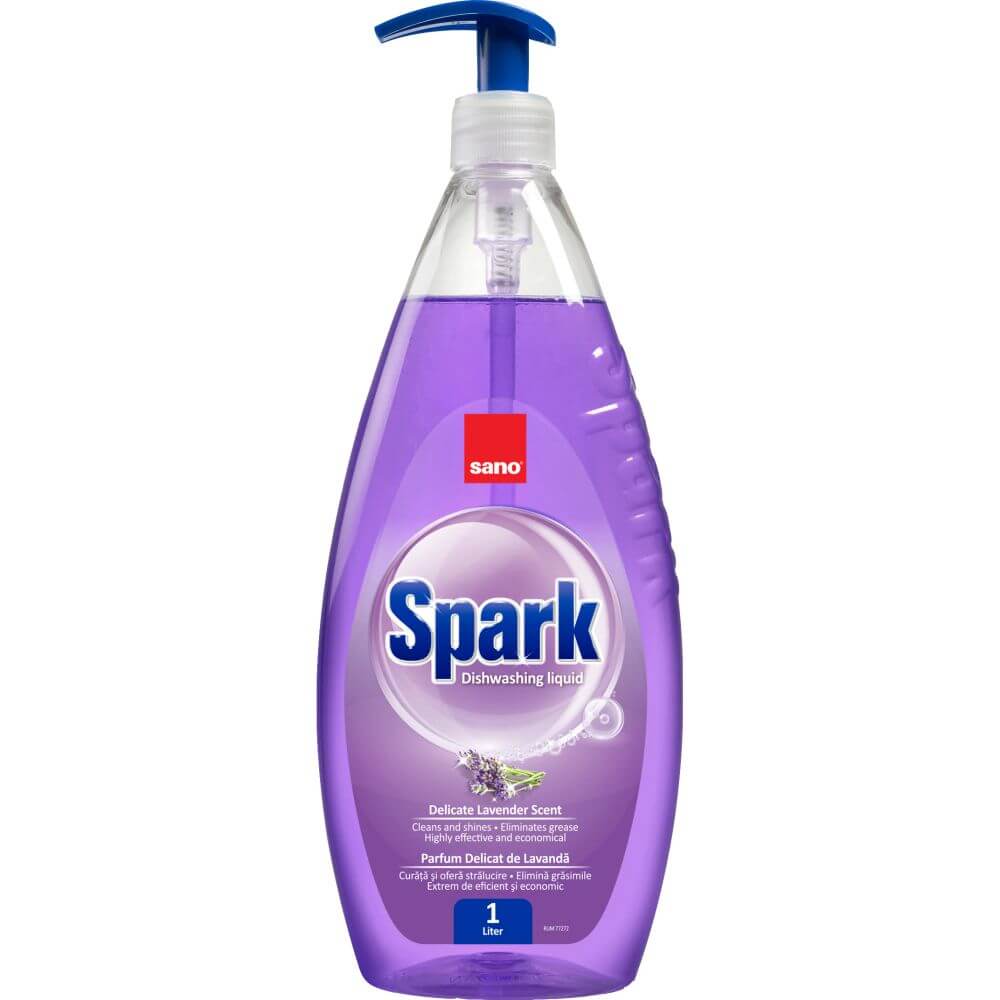 SANO Spark Detergent Lichid pentru Vase, 1 L, Parfum Lavanda, Detergent Vase cu Parfum Delicat de Levantica, Detergent Vase cu Pompita, Detergenti Lichizi pentru Vase, Detergent Bucatarie, Solutie de Curatat Sano