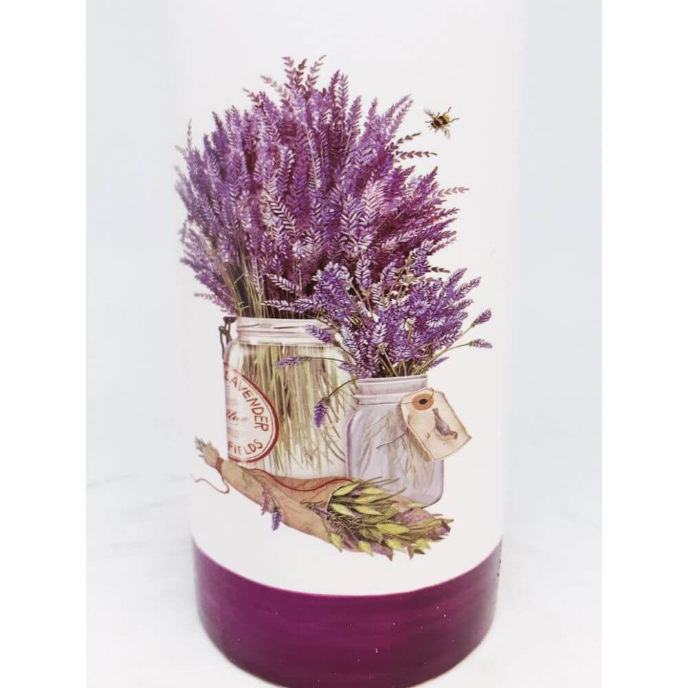 Vaza Ceramica, Model Lavanda, Cilindrica, 19 cm Inaltime, Alb si Mov, Vaza pentru Flori, Vaza Ceramica pentru Flori, Vaza Flori, Vaza Mare, Vaza Inalta, Vaza Cilindrica, Vaza Forma Simpla, Vaza cu Model Imprimat, Vaza Alba cu Mov