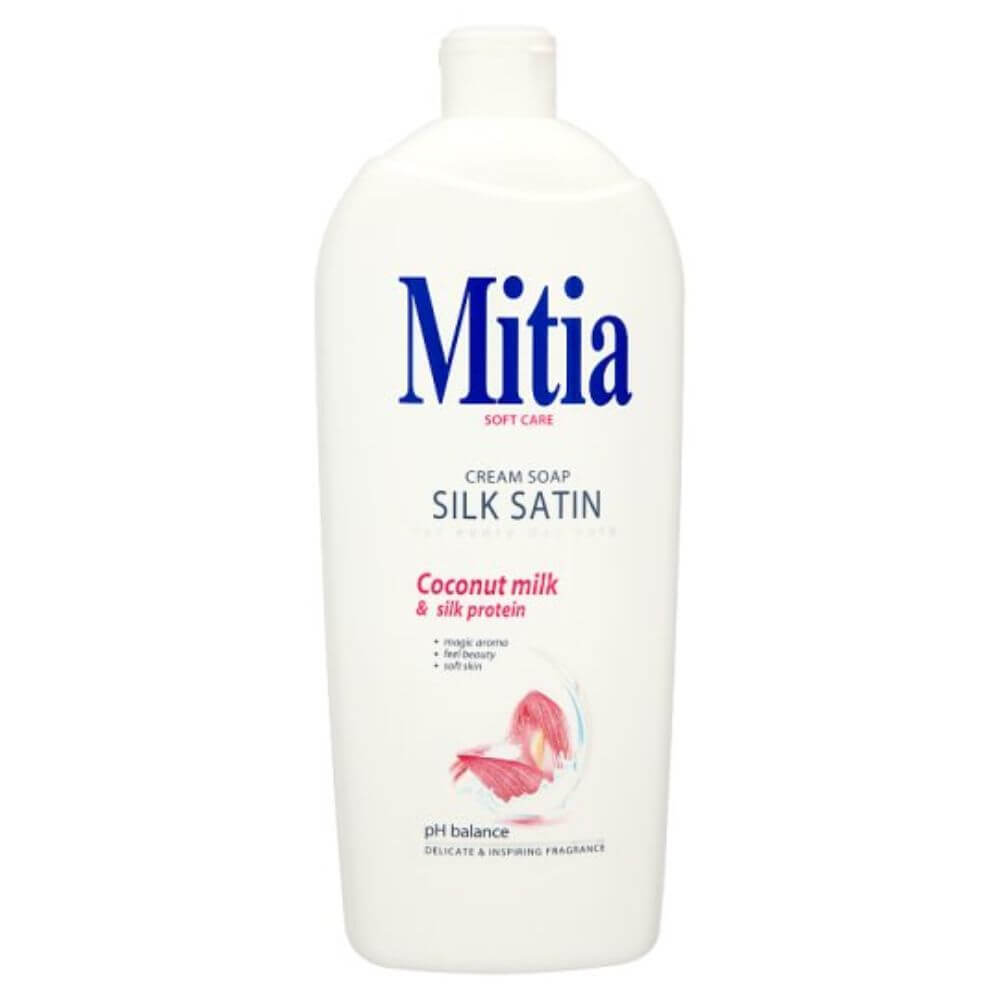 Rezerva Sapun Lichid MITIA Satin Silk, 1L, Lapte de Cocos, Bidon Rezerva Sapun Lichid 1L, Rezerve de Sapun Lichid, Rezerve de Sapunuri Lichide, Rezerve Sapun pentru Recipiente cu Pompita, Rezerva Sapun pentru Curatare Maini