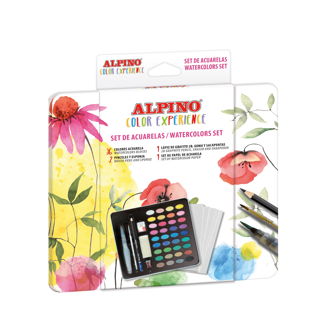 Acuarele 36 Culori/cutie + Pensula, Burete, Creion Grafit, Radiera, Acutitoare, Set Hartie, Alpino
