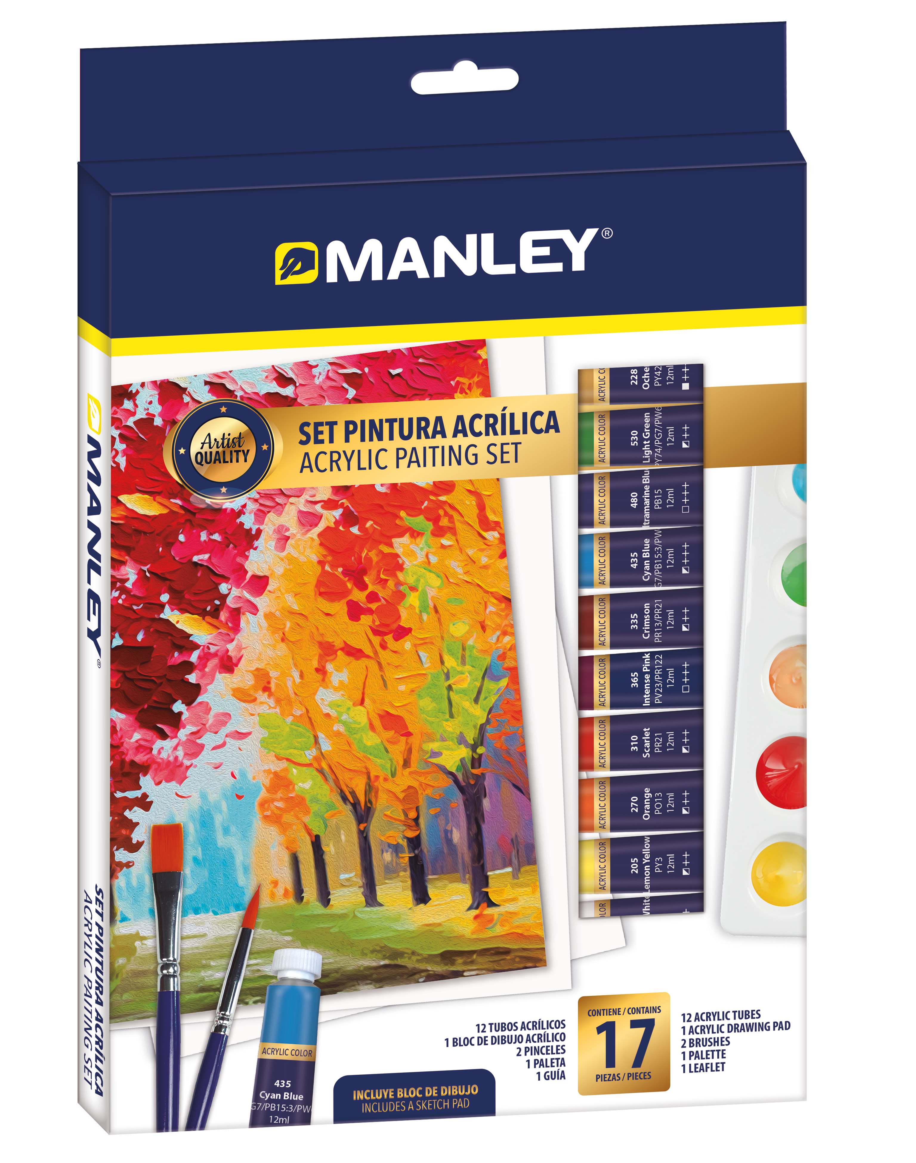 Set Tempera Acrilica Manley, Rezistente La Apa, 2 Pensule+paleta Incluse - 12 Culori/set