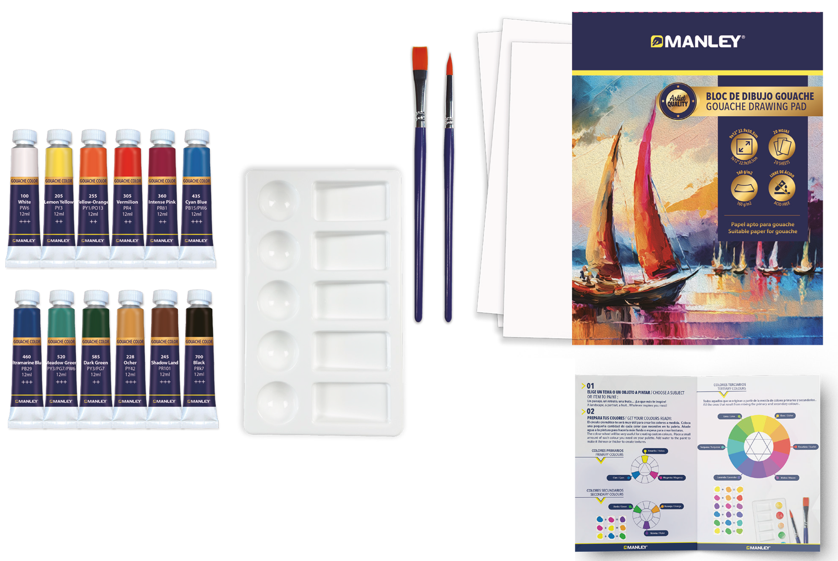 Set Tempera Acrilica Manley, Solubila In Apa, 12 Ml - 12 Culori/set