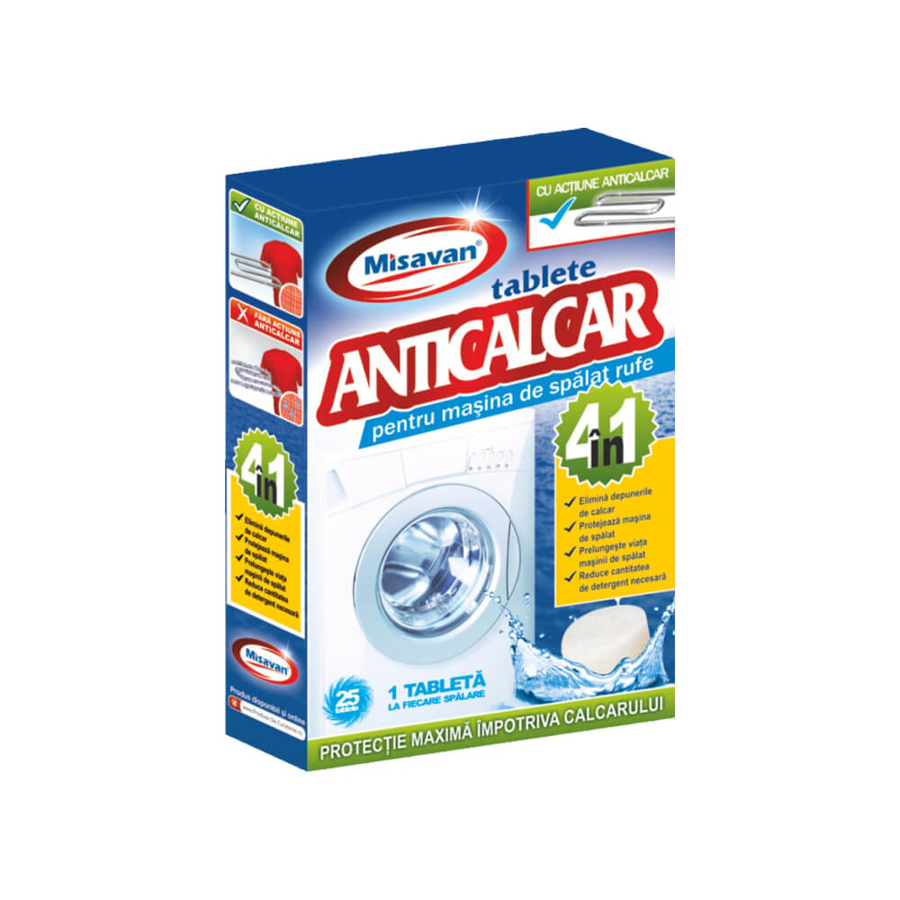 Tablete Anticalcar pentru Masina de Spalat Rufe Misavan 4in1, 25 Tablete/Cutie, Tablete Anticalcar, Tablete Anticalcar Masina de Spalat, Misavan Tablete Anticalcar Masina de Spalat Rufe, Tableta Eliminare Depuneri Calcar