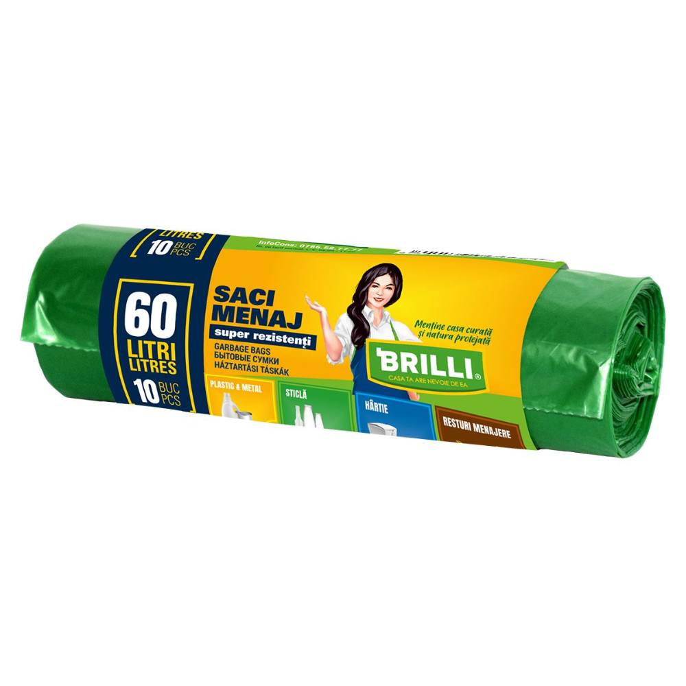 Rola 10 Saci Menajeri pentru Colectare Selectiva Brilli, 60 l, Verzi, Saci de Menaj, Rola Saci Menajeri, Saci Menajeri 60 l, Saci Menajeri in Rola, Saci Menaj cu Manere, Saci Menajeri Parfumati, Saci pentru Menaj, Saci Gunoi