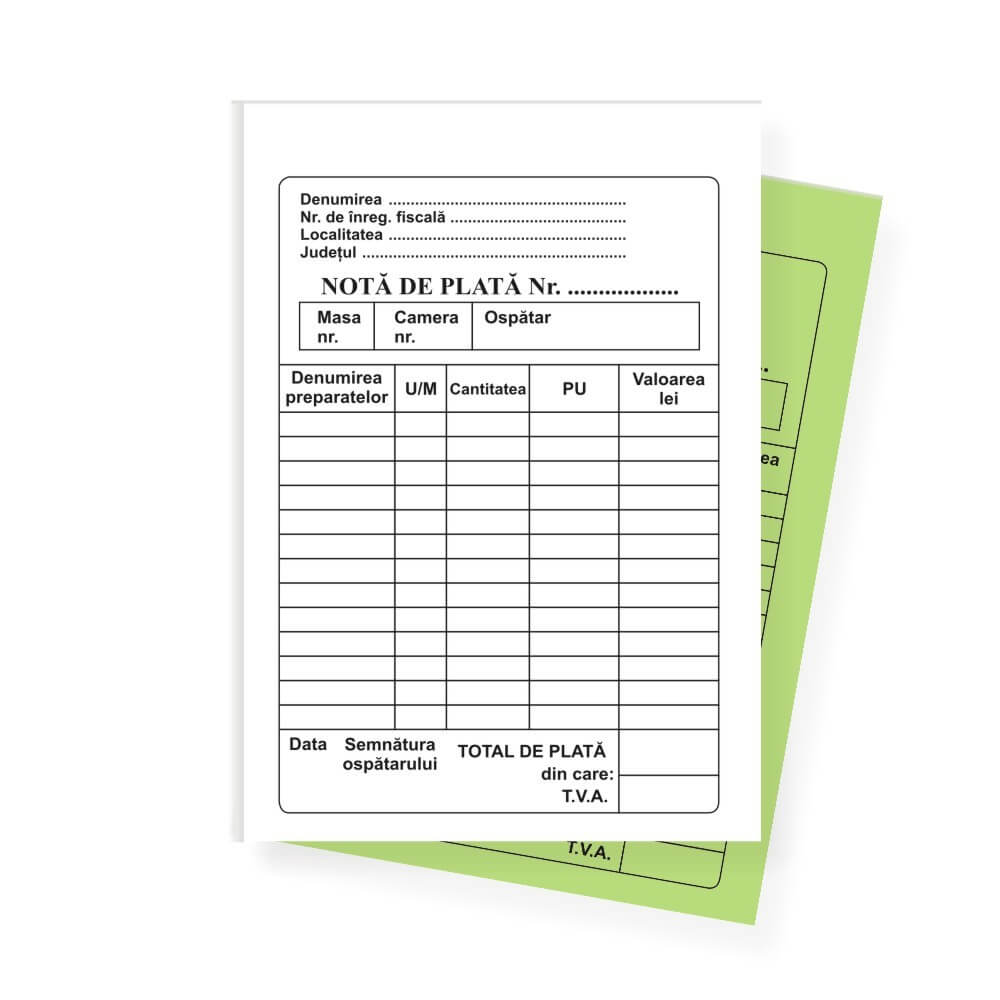 Nota de Plata A6, 2 Ex, 50 Seturi/Carnet - Formular Tipizat Contabil pentru Chitante