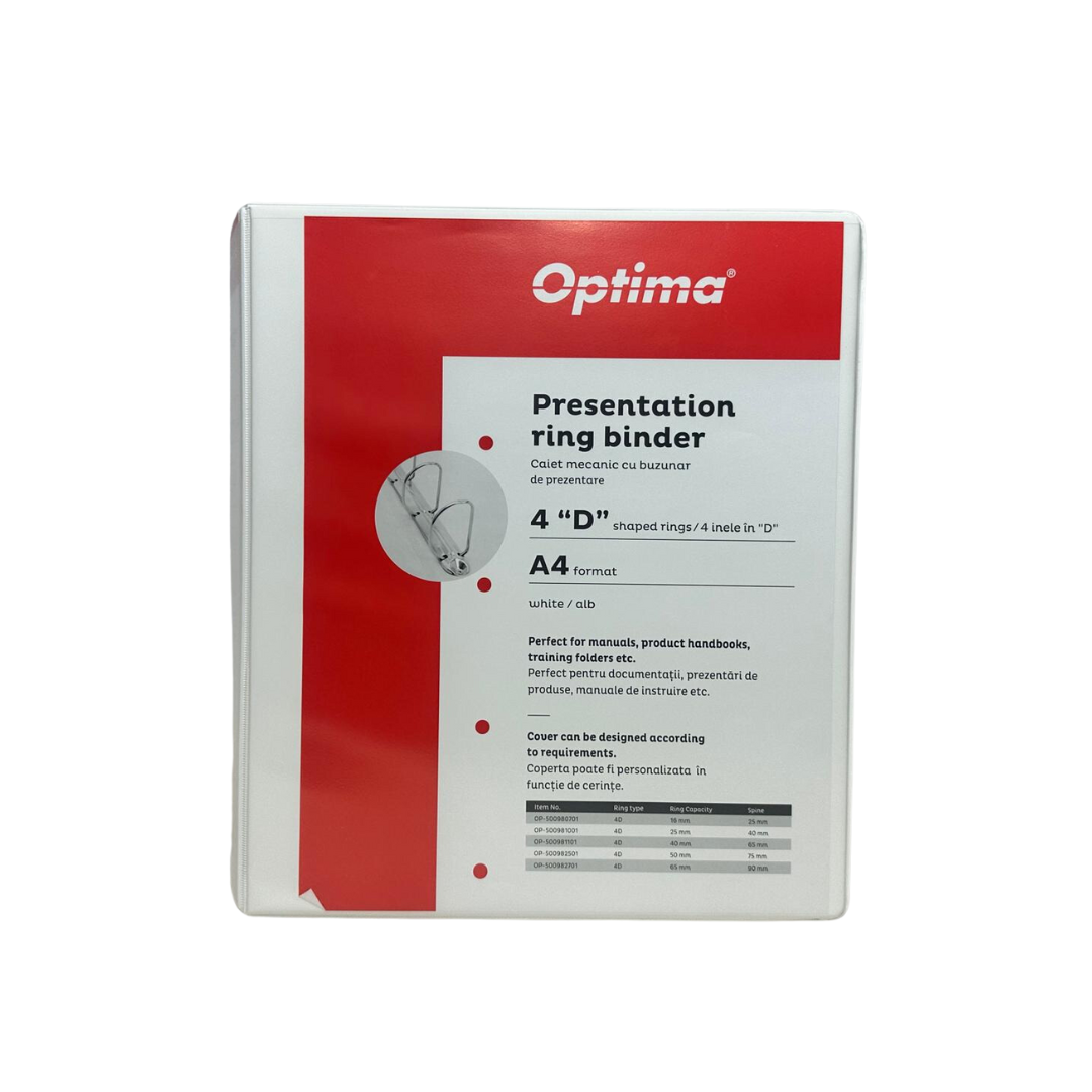 Caiet Mecanic Cu Buzunar, Plastifiat Pp, 4 Inele In "d", 40 Mm, Cotor 65mm, Optima - Alb