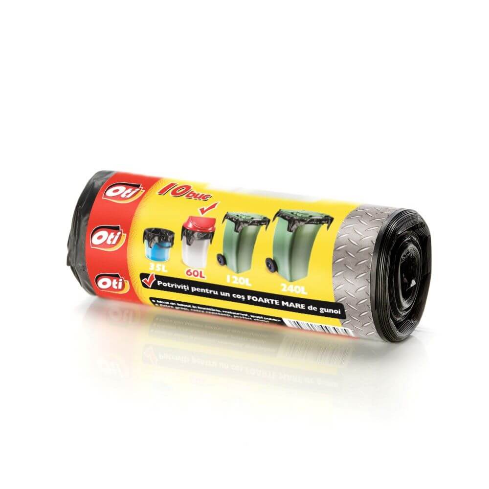 Saci Menaj OTI Solid Extra, 60L, 60x86 cm,10 Buc/Rola, Culoare Neagra, Saci Menaj, Saci de Gunoi, Saci Menajeri 60L, Saci de Gunoi Negri, Saci Menajeri Negri, Saci Menajeri cu Urechi de Prindere