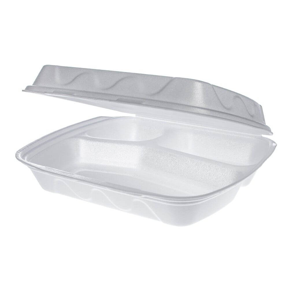 Caserole Meniu, 24x21x7 cm, 100 Buc/Set, Polistiren Expandat, 3 Compartimente, Culoare Alba, Caserole Polistiren, Caserola Unica Folosinta Polistiren, Caserole Compartimentate cu Capac, Ambalaje Catering, Caserole Fast Food, Caserola Meniu