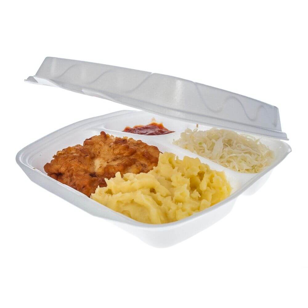 Caserole Meniu, 24x21x7 cm, 100 Buc/Set, Polistiren Expandat, 3 Compartimente, Culoare Alba, Caserole Polistiren, Caserola Unica Folosinta Polistiren, Caserole Compartimentate cu Capac, Ambalaje Catering, Caserole Fast Food, Caserola Meniu