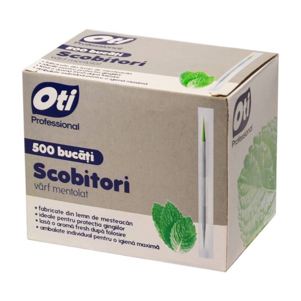 Scobitori Mentolate Lemn, 500 Buc/Set, Lungime 65 mm, Ambalate Individual, Scobitori cu Menta, Scobitori cu Varf Mentolat OTI, Scobitori din Lemn cu Aroma de Menta, Scobitori pentru Petreceri, Scobitori pentru Aperitive, Scobitori Festive