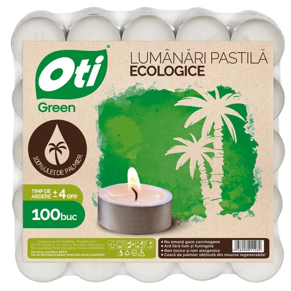 Set 100 Lumanari Ecologice OTI Green, Timp Ardere 4 h, Forma Pastila, Lumanari Ecologice, Lumanari Pastila, Set Lumanari Ecologice, Lumanari Neparfumate, Lumanari Pastila fara Parfum, Lumanare din Ceara Naturala