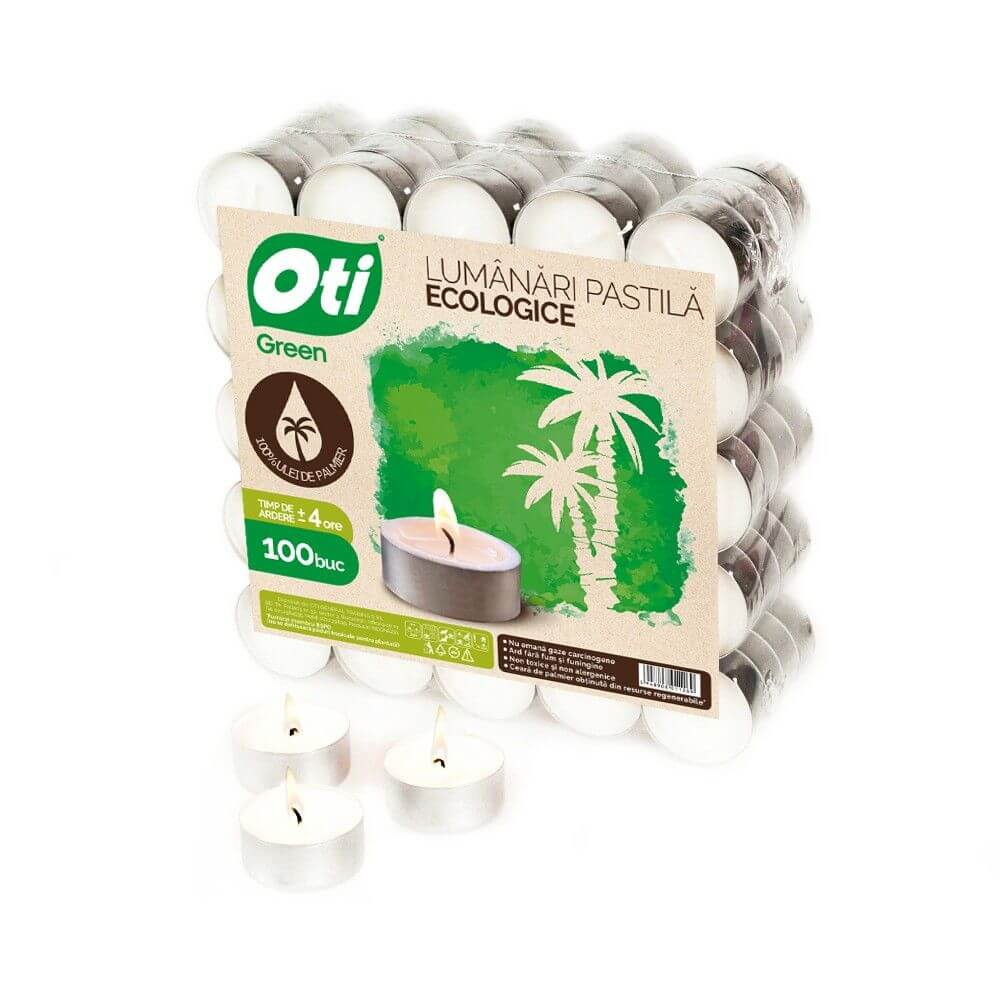 Set 100 Lumanari Ecologice OTI Green, Timp Ardere 4 h, Forma Pastila, Lumanari Ecologice, Lumanari Pastila, Set Lumanari Ecologice, Lumanari Neparfumate, Lumanari Pastila fara Parfum, Lumanare din Ceara Naturala