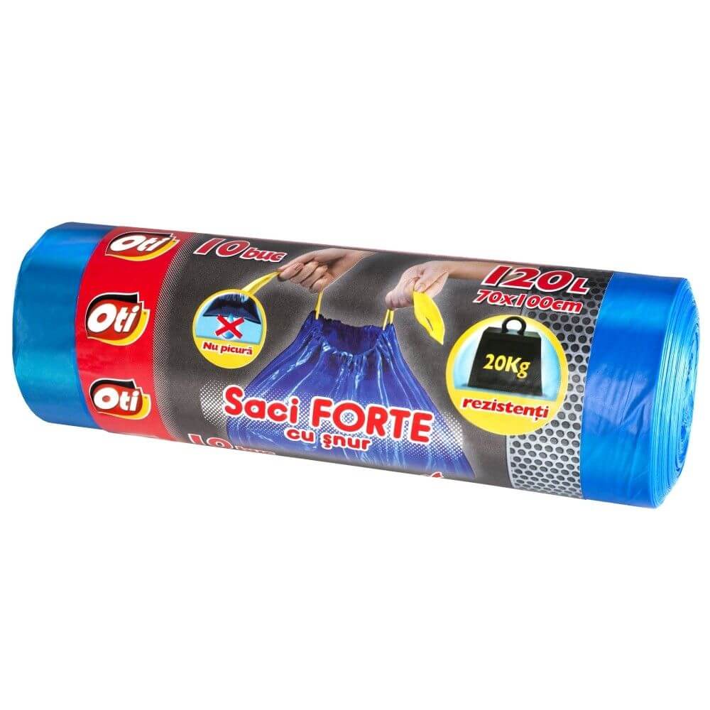 Saci Menajer cu Snur OTI, 120L, 70x100 cm, 10 Buc/Rola, Culoare Albastra, Saci Menajeri cu Snur, Saci din Plastic cu Snur, Saci de Gunoi 120L, Saci de Gunoi cu Snur, Saci pentru Europubele de Gunoi, Saci cu Snur pentru Tomberoane