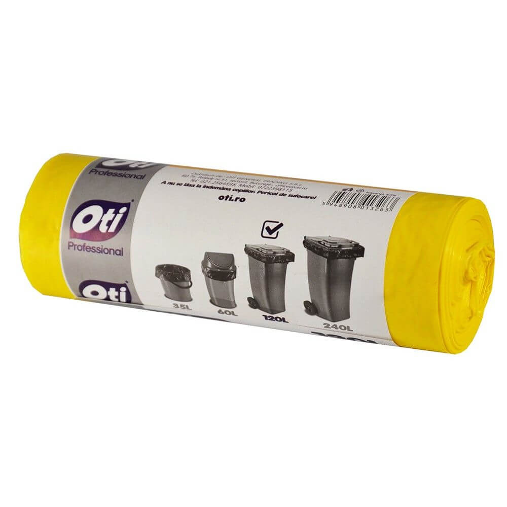 Saci Menajeri OTI Colectare Selectiva,120L, 70x110 cm, 10 Buc/Rola, Plastic/Metal, Culoare Galbena, Saci Menaj, Saci de Gunoi, Saci Menajeri 120L, Saci de Gunoi Plastic si Metal, Saci Colectare Selectiva