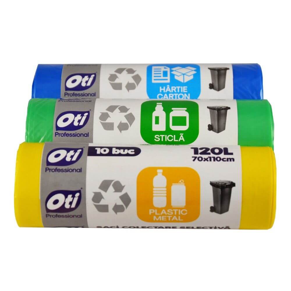 Saci Menajeri OTI Colectare Selectiva,120L, 70x110 cm, 10 Buc/Rola, Plastic/Metal, Culoare Galbena, Saci Menaj, Saci de Gunoi, Saci Menajeri 120L, Saci de Gunoi Plastic si Metal, Saci Colectare Selectiva