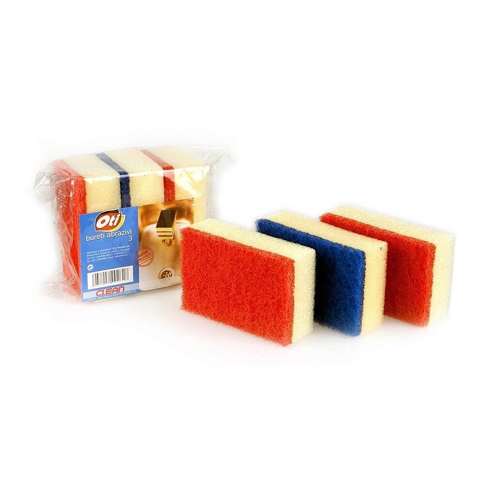 Set 3 Bureti Simpli OTI Super Clean, 90x60x28 mm, Culoare Galbena, Spuma Poliuretanica si Fibra Abraziva, Burete cu Spuma si Fibra Abraziva, Bureti Simpli pentru Vase, Burete Menaj, Burete Curatat Vase, Bureti de Vase