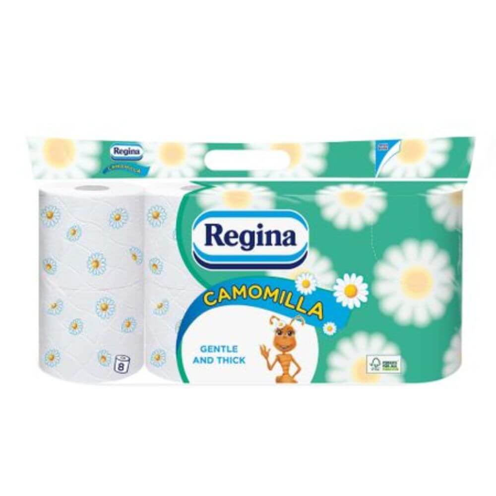 Hartie Igienica Regina Camomilla, 3 Straturi, 8 Role/Bax, 315 Foi/Rola, Latime 12.5 cm, Parfum de Musetel, Hartie Igienica cu Parfum, Hartie Igienica la Bax, Hartie Igienica Parfumata, Hartie Igienica Regina