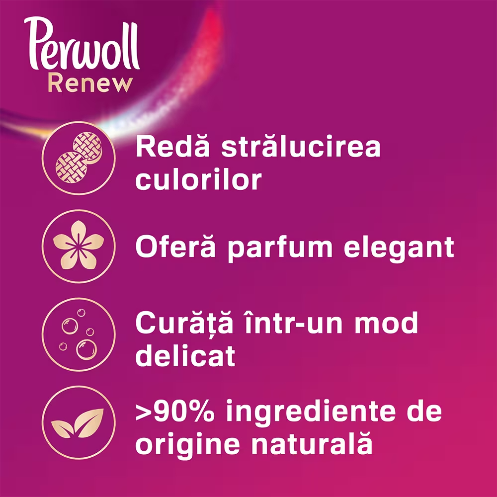 PERWOLL Renew & Blossom 3 in 1, Detergent Lichid Ideal pentru Toate Tipurile de Tesut, Parfum Floral, 45 Spalari, Cantitate 2.7L PERWOLL Renew & Blossom 3 in 1, Detergent Lichid Ideal pentru Toate Tipurile de Tesut, Parfum Floral, 45 Spalari, Cantitate 2.7L