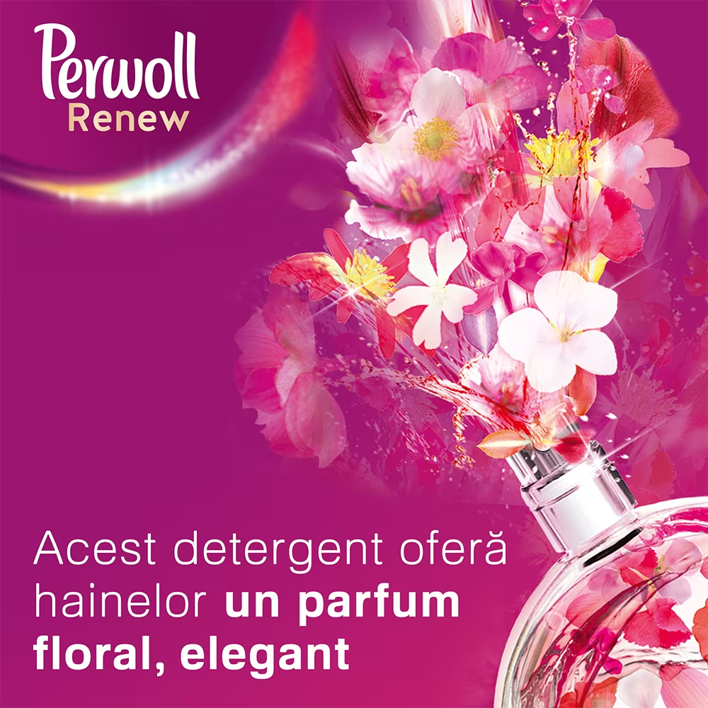 PERWOLL Renew & Blossom 3 in 1, Detergent Lichid Ideal pentru Toate Tipurile de Tesut, Parfum Floral, 45 Spalari, Cantitate 2.7L PERWOLL Renew & Blossom 3 in 1, Detergent Lichid Ideal pentru Toate Tipurile de Tesut, Parfum Floral, 45 Spalari, Cantitate 2.7L