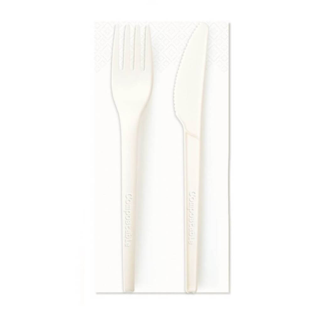Set Tacamuri Biodegradabile din CPLA, Furculita, Cutit, Servetel, Albe