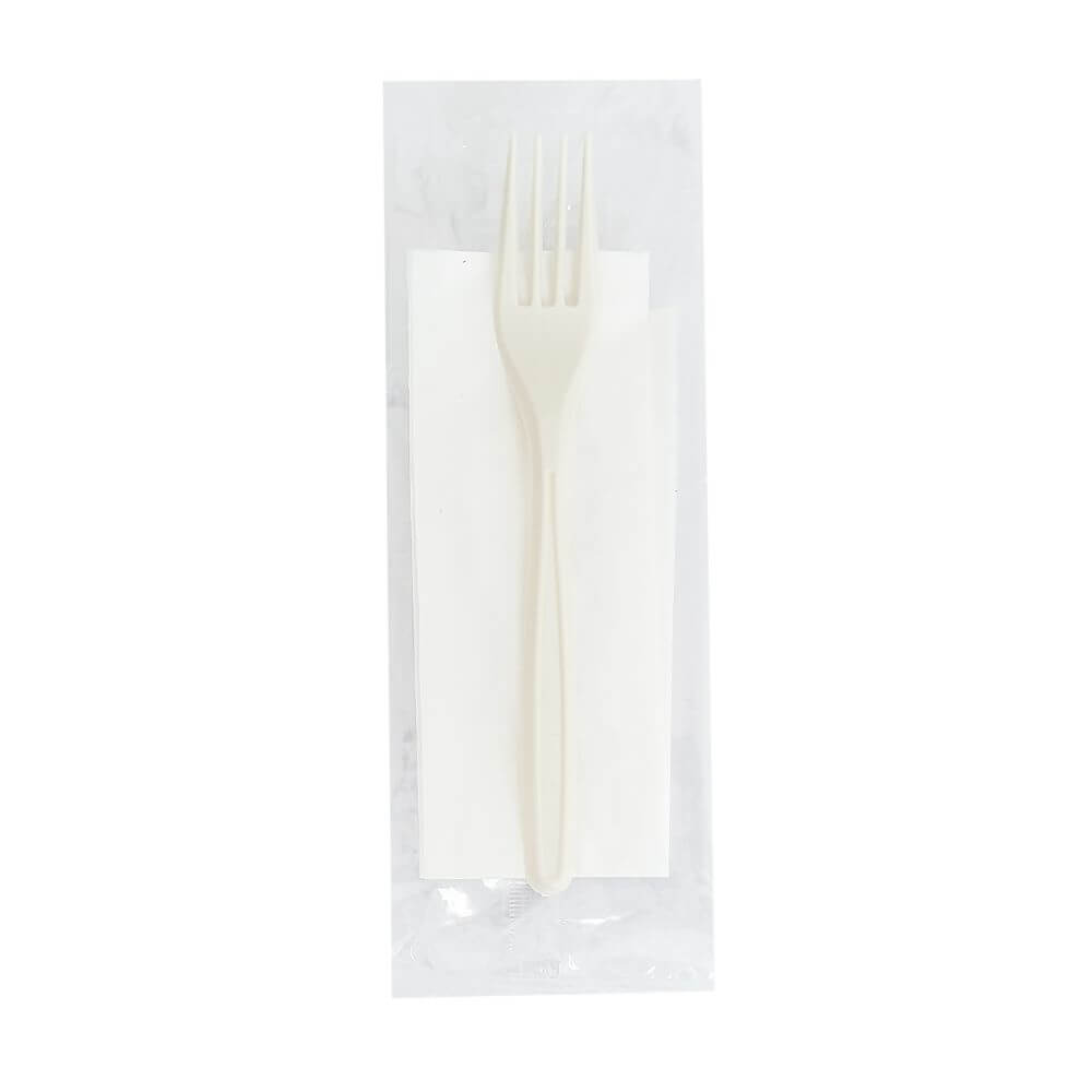 Set Tacamuri Biodegradabile din CPLA, Furculita, Servetel, Albe