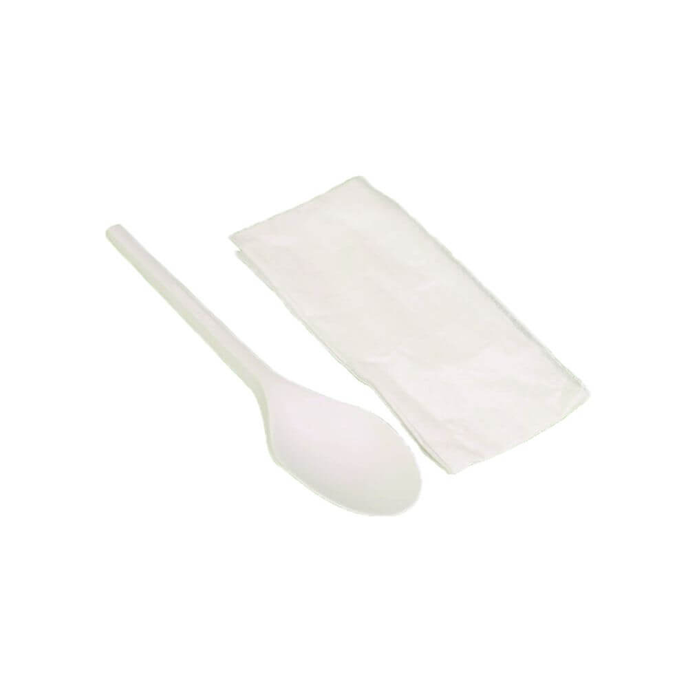 Set Tacamuri Biodegradabile din CPLA, Lingura, Servetel, Albe