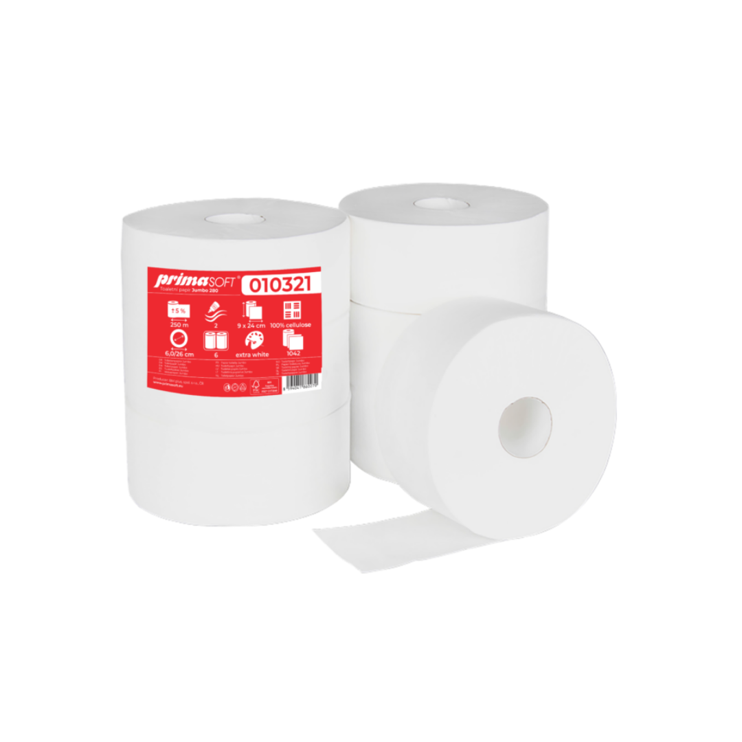 Hartie Igienica Alba, 100% Celuloza, 2 Straturi, 250m, 6 Role/bax, Prima Soft Jumbo 280