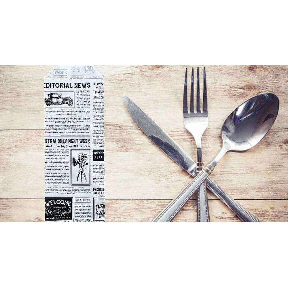 Set 2000 Plicuri Albe pentru Tacamuri cu Model Ziar, 40 g/m2, Hartie Imprimata, Punga pentru Tacamuri, Pungi pentru Tacamuri, Bax de Pungi pentru Tacamuri, Baxuri de Pungi pentru Tacamuri, Plic pentru Tacamuri