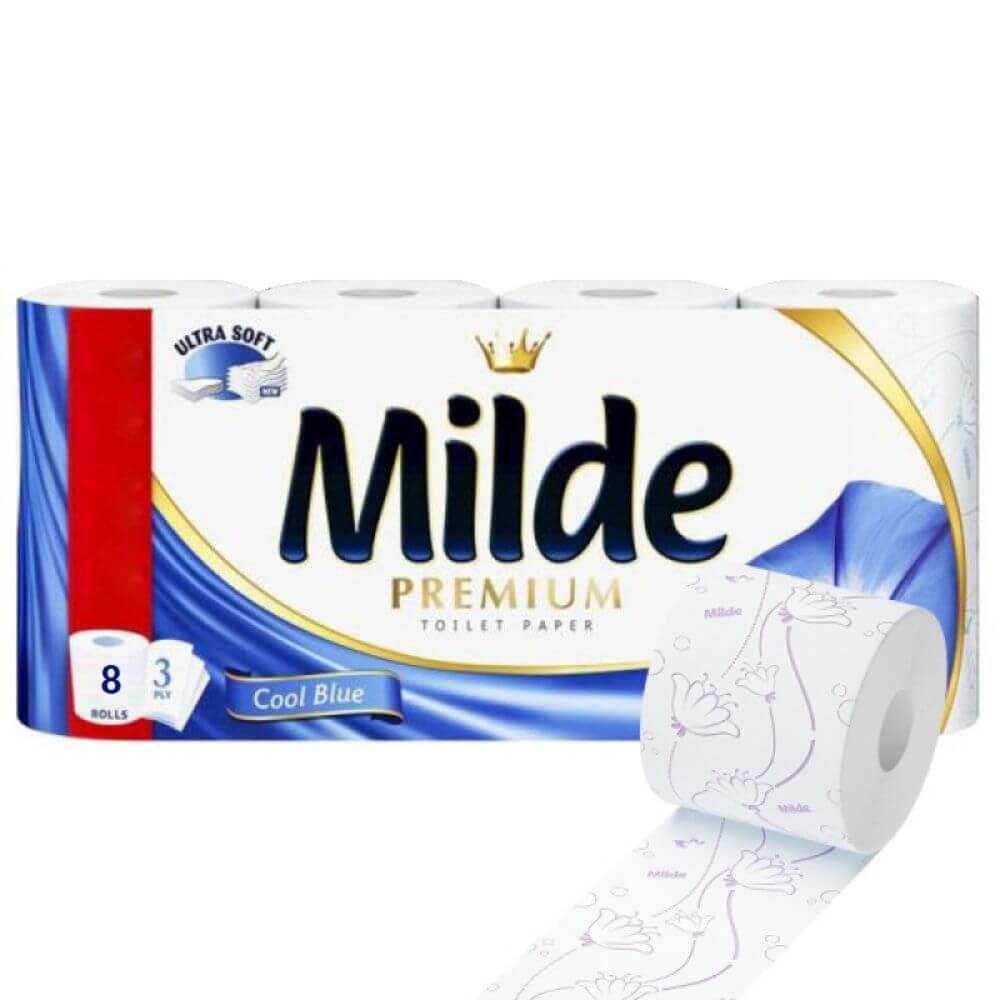 Hartie Igienica Parfumata Milde Cool Blue, 3 Straturi, 8 Role/Bax, 150 Foi/Rola, Latime 95 cm, Hartie cu Parfum Floral, Hartie Igienica Parfumata, Hartie Igienica la Bax, Hartie Igienica Alba, Hartie Igienica Milde