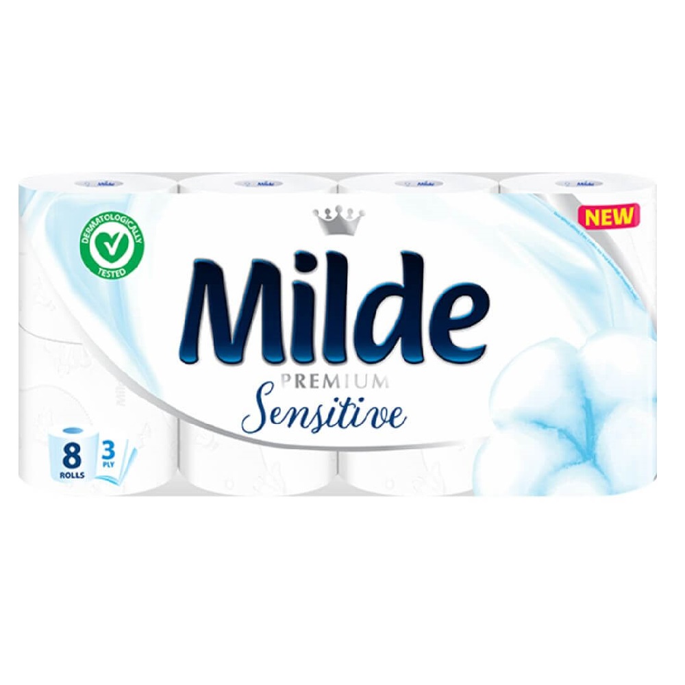 Hartie Igienica Alba Milde Sensitive cu 3 Straturi, 8 Role/Bax, 150 Foi/Rola, Latime 95 cm, Hartie fara Parfum, Hartie Igienica Premium, Hartie Igienica la Bax, Hartie Igienica Alba, Hartie Igienica Milde