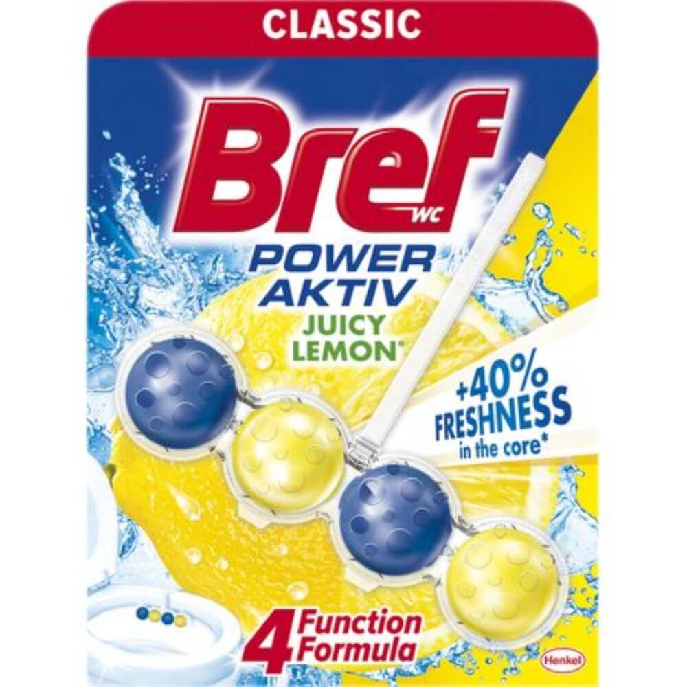 Odorizant WC Bref Power Aktiv Juicy Lemon, 50 g, Parfum de Lamaie, Odorizant Toaleta, Odorizant Anticalcar pentru WC, Odorizant pentru Toaleta cu Suport, Bile Odorizante WC, Odorizant Dezinfectant pentru WC