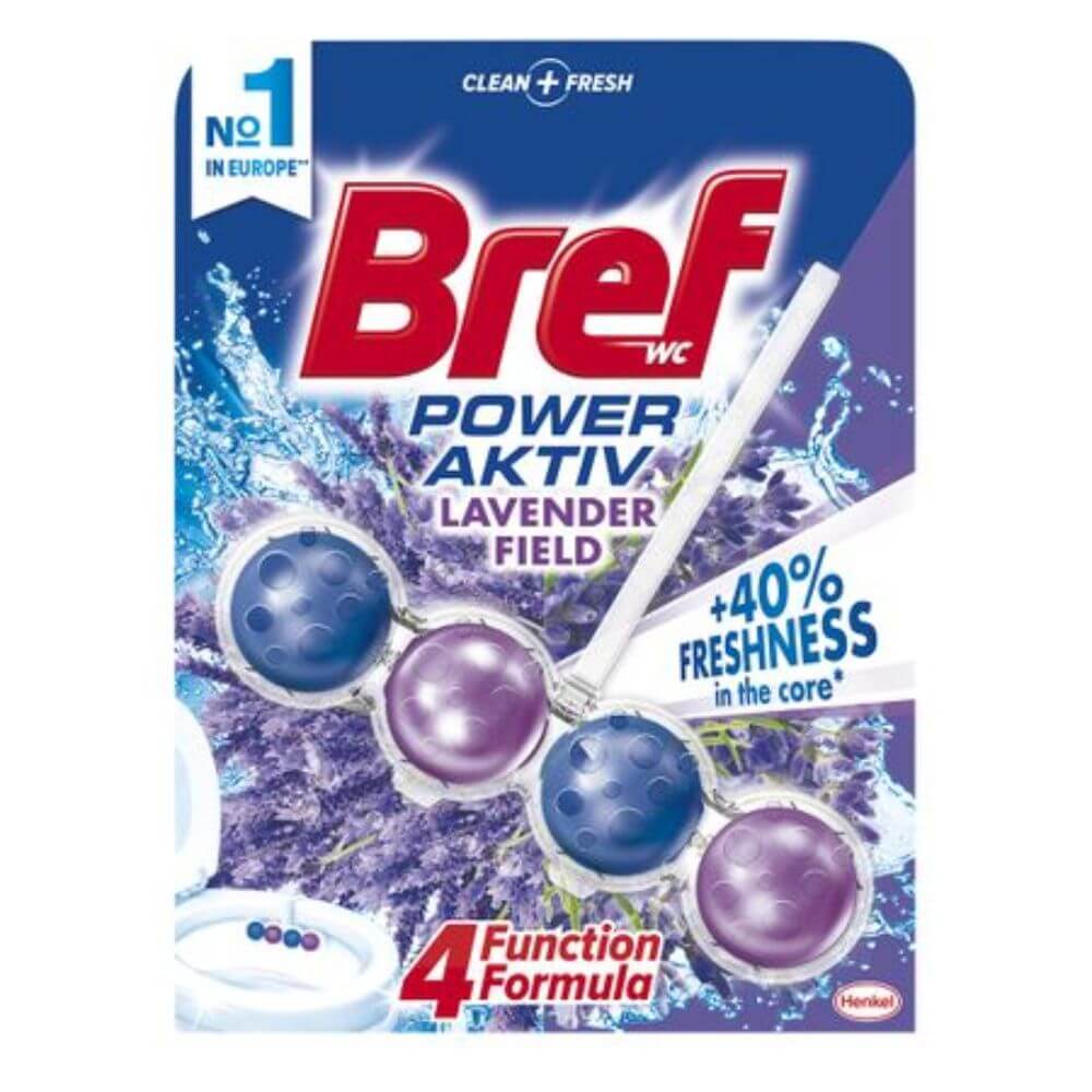 Odorizant WC Bref Power Aktiv Lavender, 50 g, Parfum de Lavanda, Odorizant Toaleta, Odorizant Anticalcar pentru WC, Odorizant pentru Toaleta cu Suport, Bile Odorizante WC, Odorizant Dezinfectant pentru WC