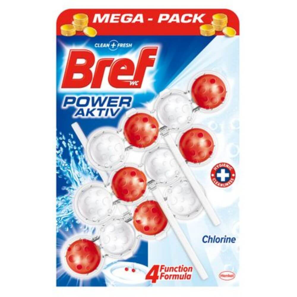 Odorizant WC Bref Power Akttiv Chlorine, 3 Buc/Set, Cantitate 50 g, Parfum Fresh, Odorizant Toaleta, Odorizant Anticalcar pentru WC, Odorizant pentru Toaleta cu Suport, Bile Odorizante WC, Odorizant Dezinfectant pentru WC