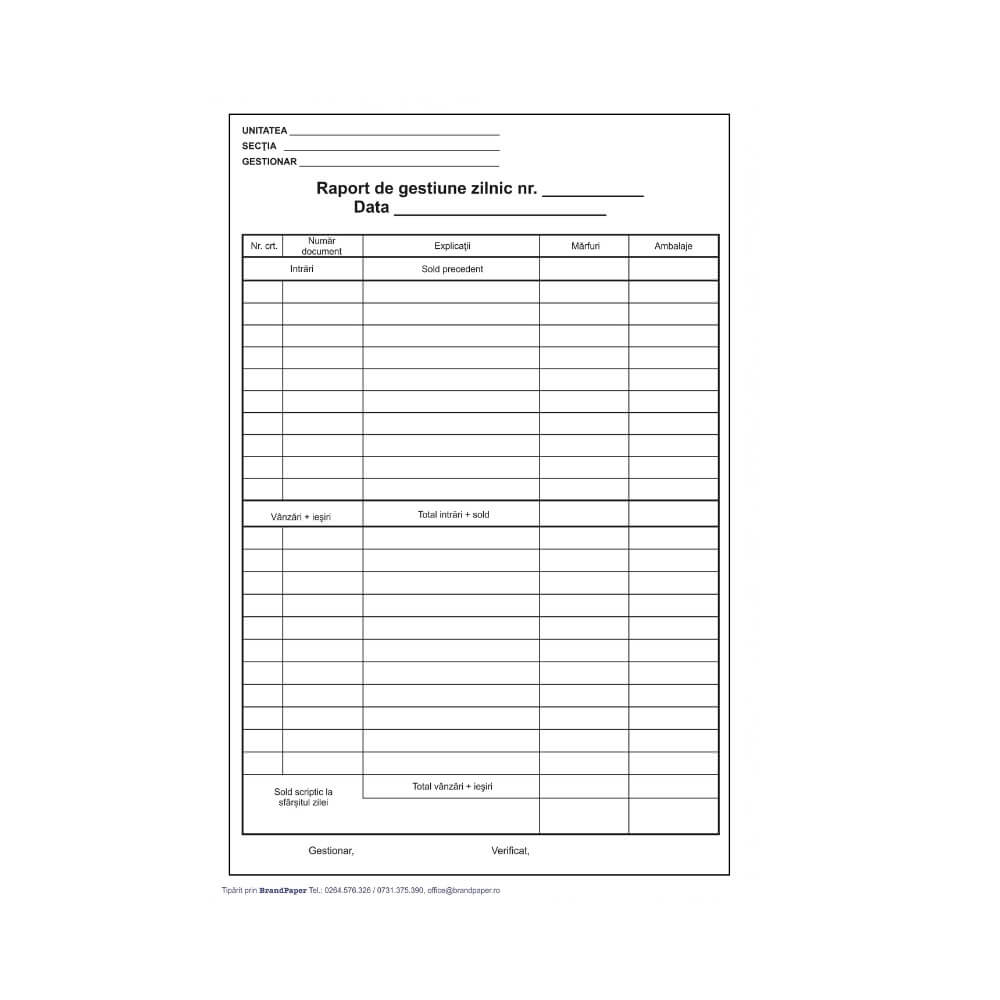 Raport Gestiune Zilnic A4, 100 File/Carnet - Formular Tipizat de Gestionare