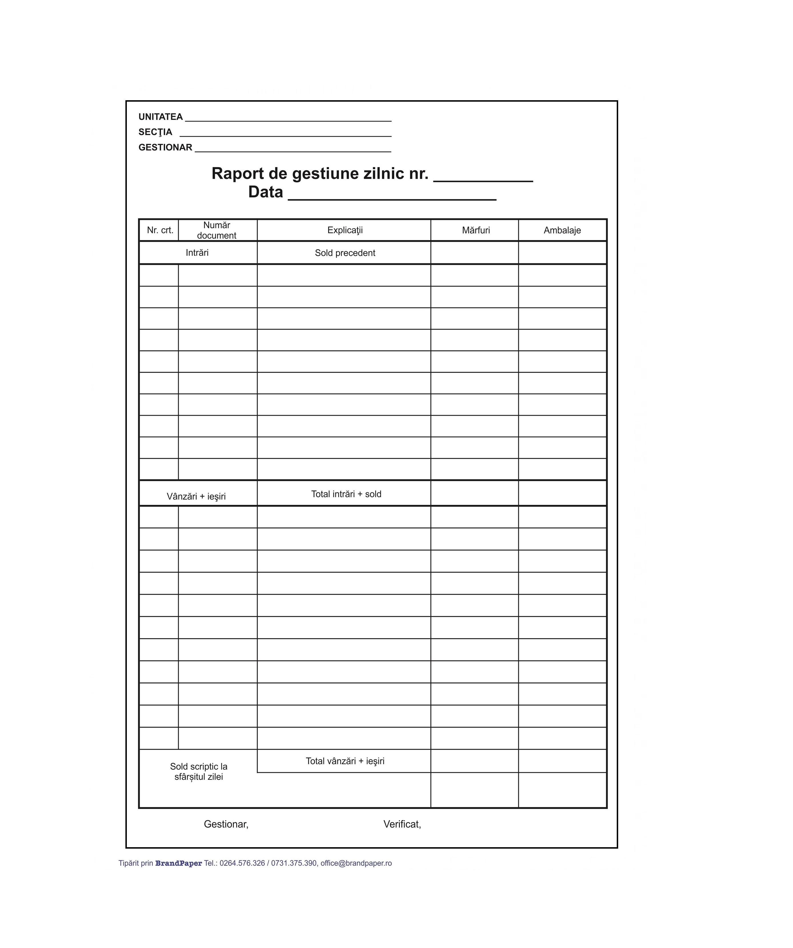 Raport de Gestiune Zilnic Autocopiativ, Format A4, 2 Exemplare, 50 Seturi/Carnet, Raport de Gestiune Nepersonalizat, Tipizat si Formular Fiscal Contabil Nepersonalizat