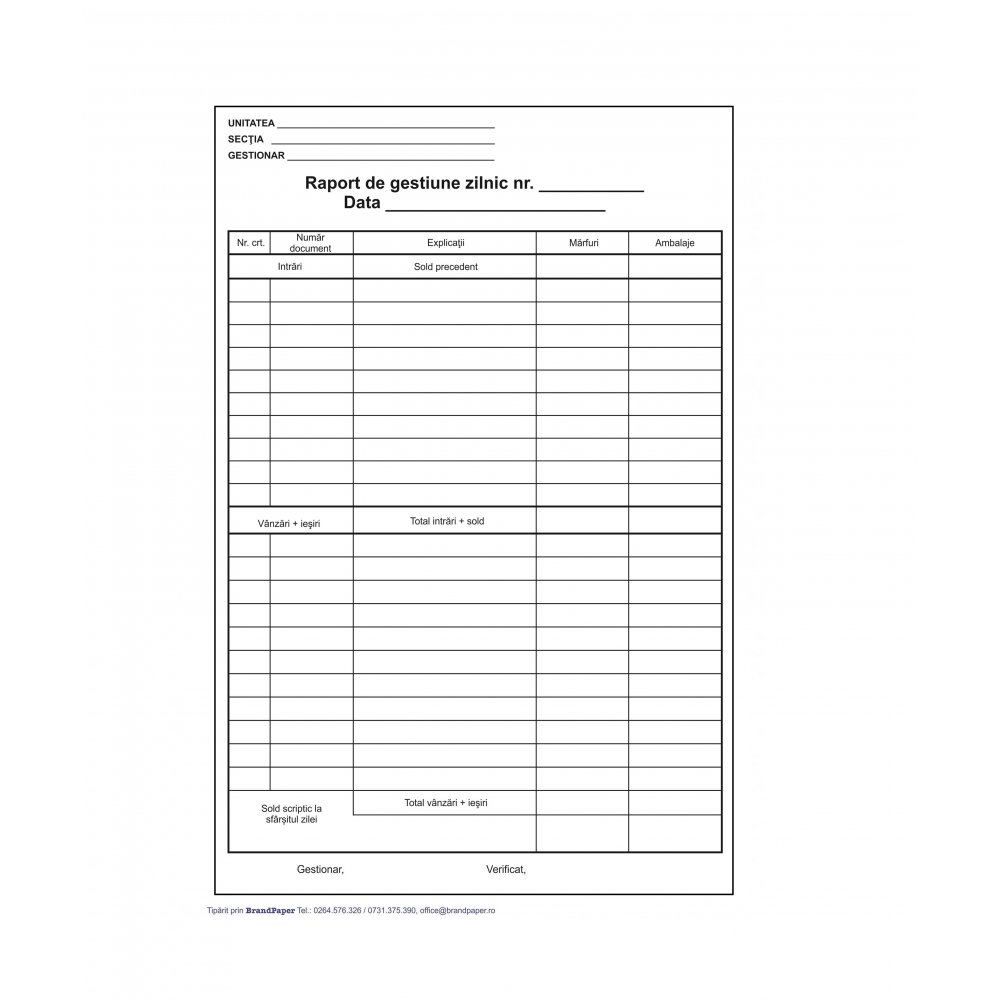 Raport de Gestiune Zilnic A4 Autocopiativ, 2 Exemplare, Tipar 1+0, 50 Set/Carnet